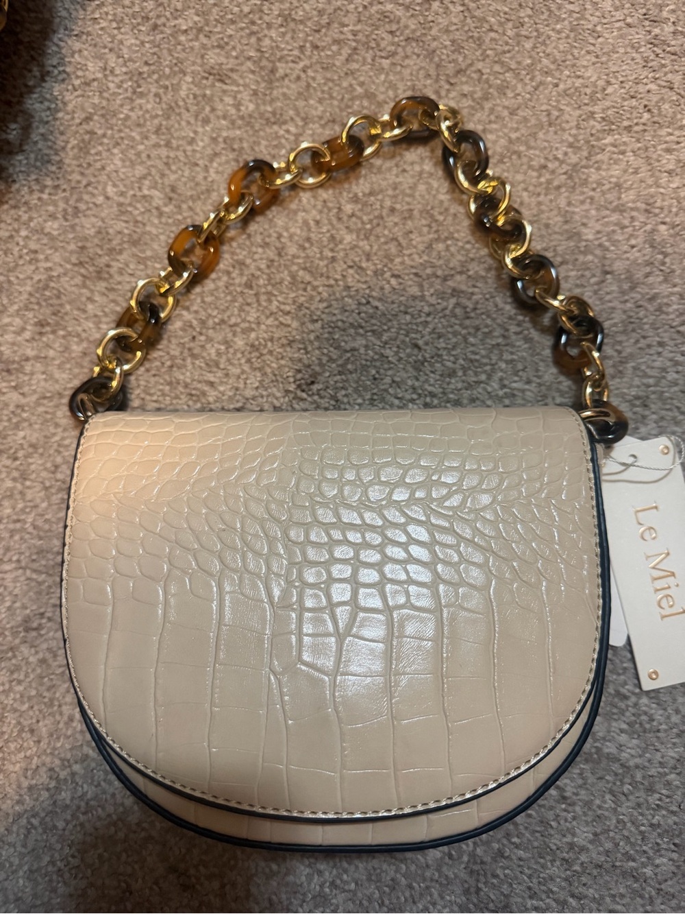 Beige Croc-Embossed Chain Handle Shoulder Bag